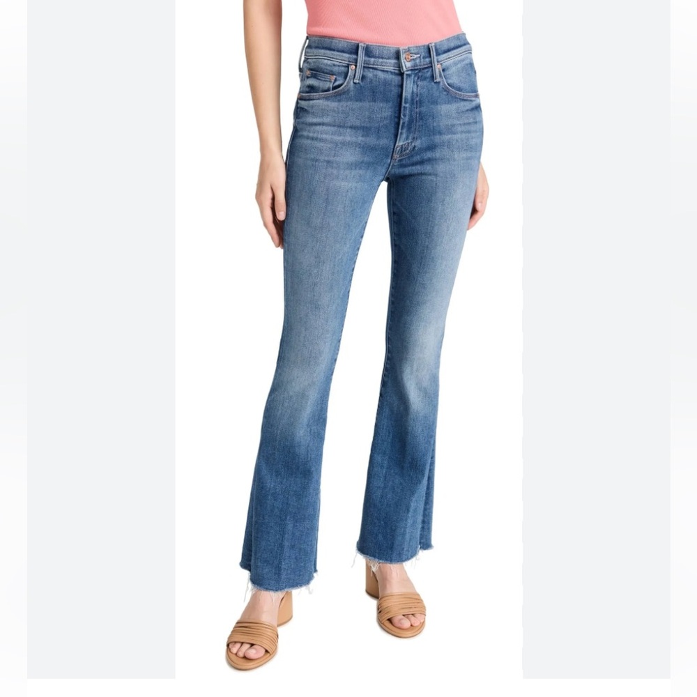 MOTHER Medium Blue High-Rise Flare Jeans with Frayed Hem